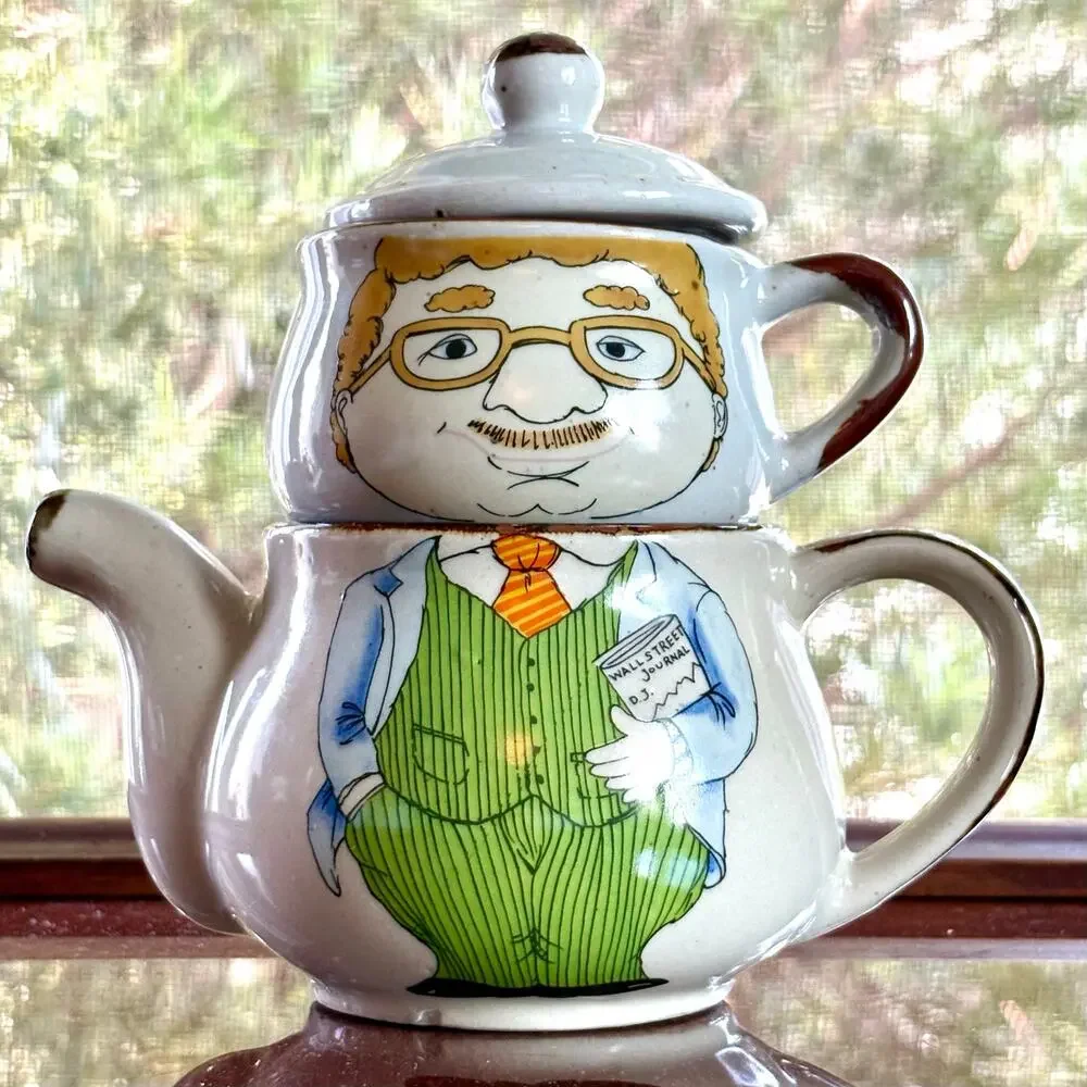 Vintage Tea for One Set, Mustache Man Stackable Teapot & Mug
